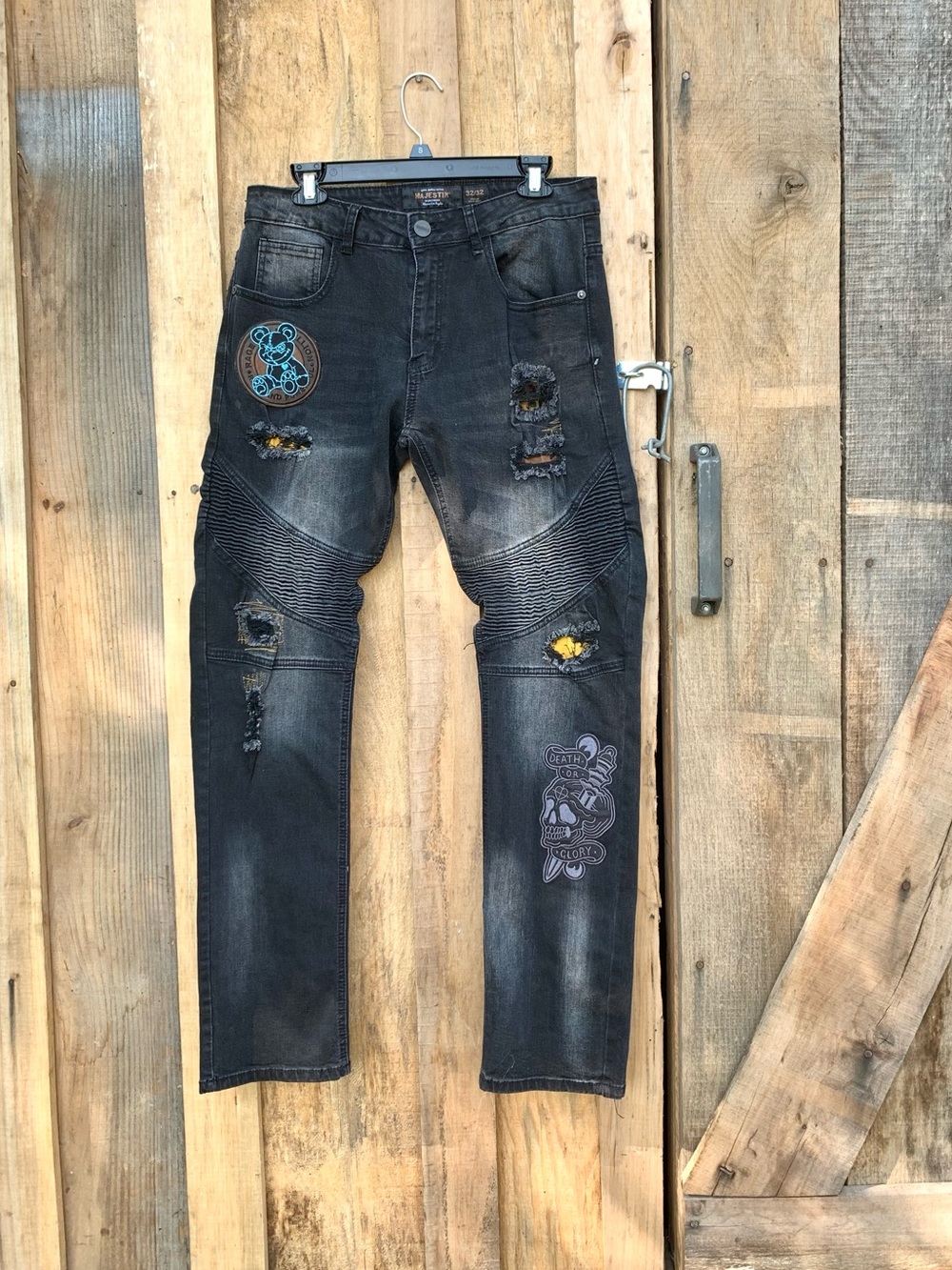 Majestik Men’s Black Distressed Patch Biker Skinny Jeans